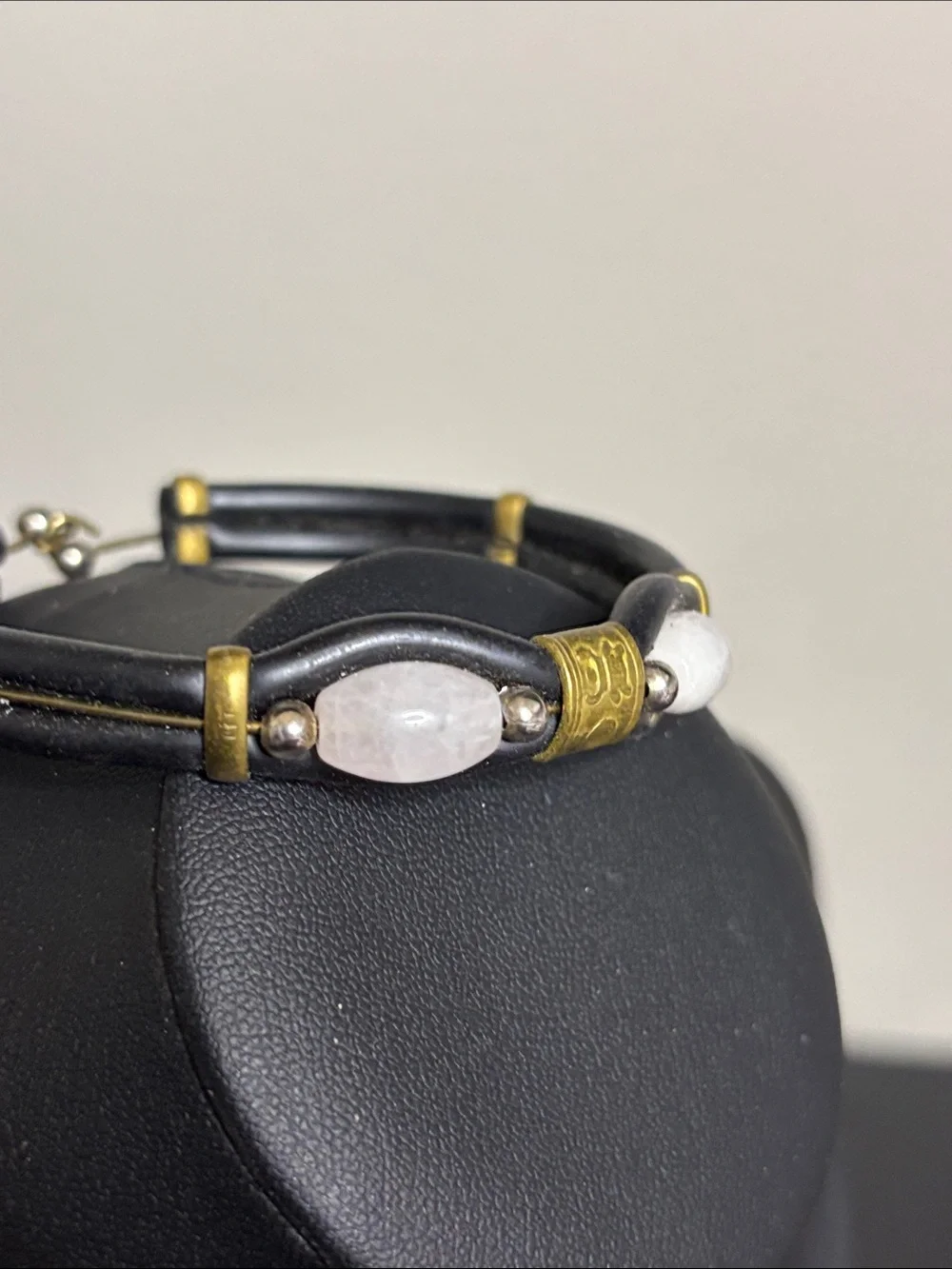 Handcrafted Black Leather Bracelet with White Stone Gem Accents